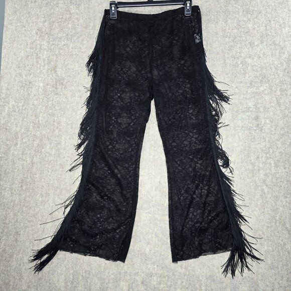 Black Lace Fringe Pants With Elastic Waist & Side Fringe Detailing - Picture 1 of 7